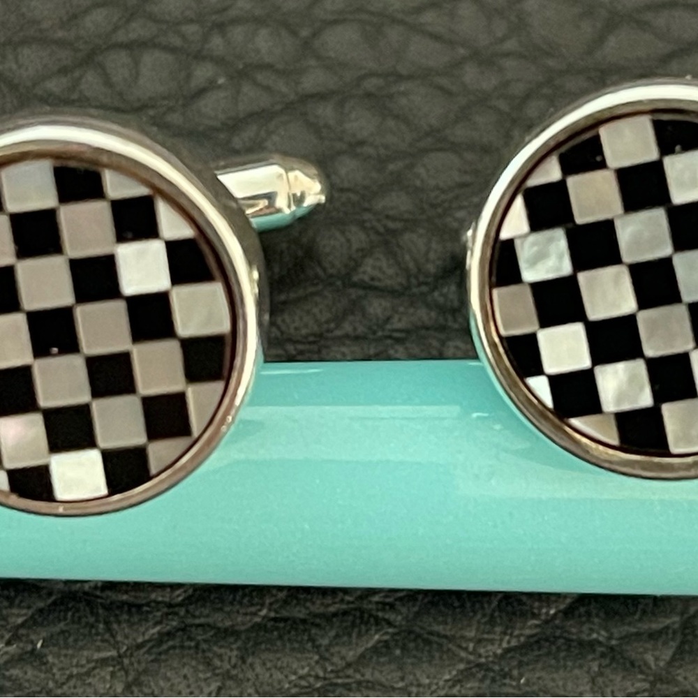 Elegant Vintage SS 925 Round Onyx MOP Checkered Cufflinks Father’s Day gift!